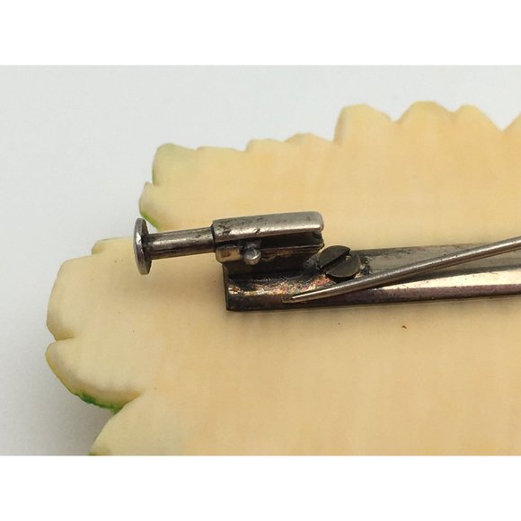 Pre 1930 Hand Carved Floral Chrysanthemum Brooch Trombone Clasp 2.25x1.5" Yellow - Picture 9 of 10
